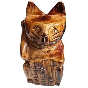 Hawaiian Lucky Cat Figurine Hand‎ Carved Wood  6"